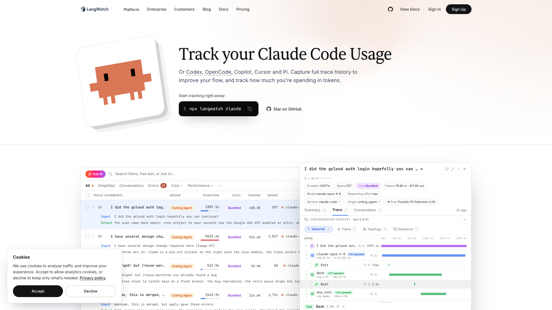 Claude Code usage tracking by LangWatch screenshot