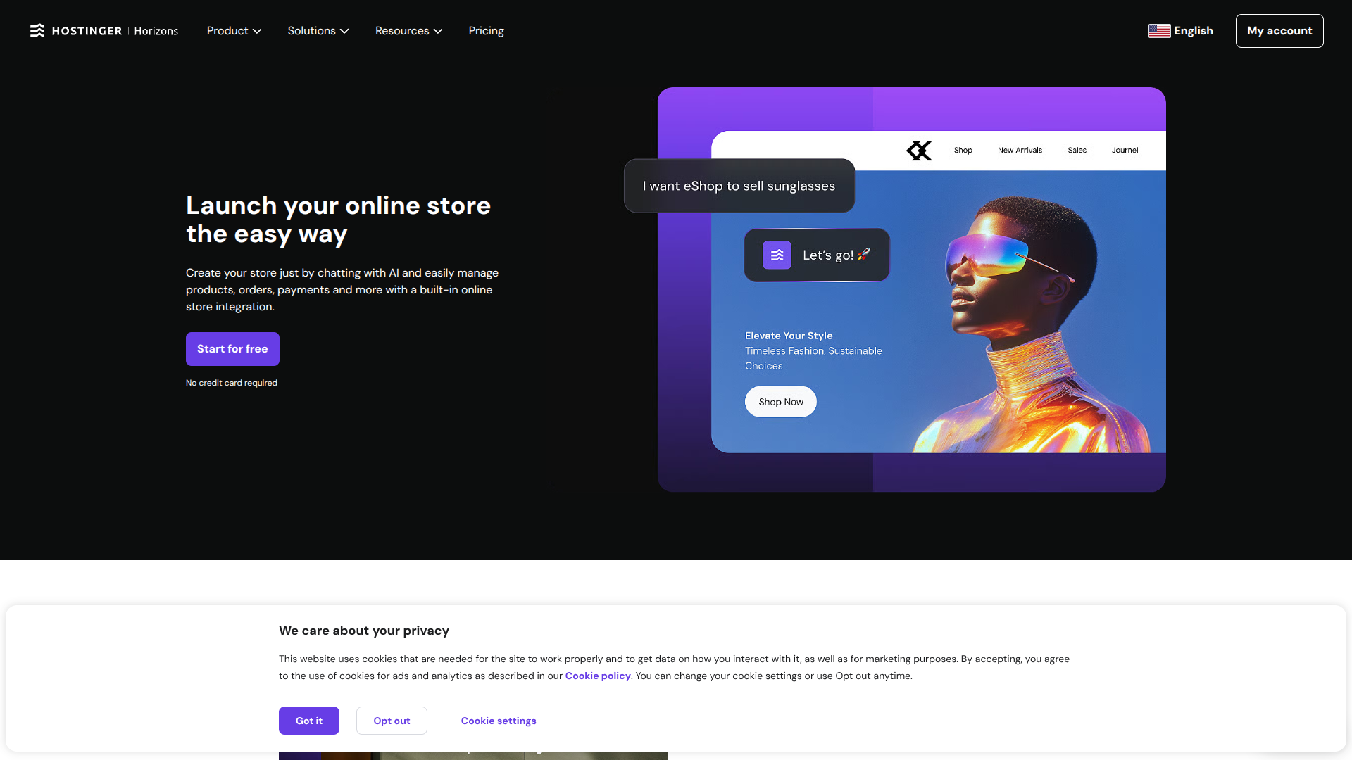 Hostinger Horizons with eCommerce screenshot
