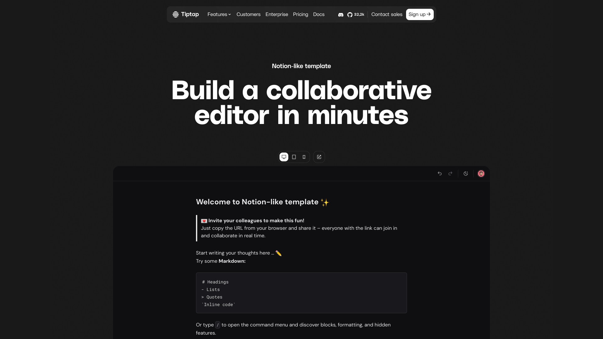 Notion-style editor for Tiptap Cloud screenshot
