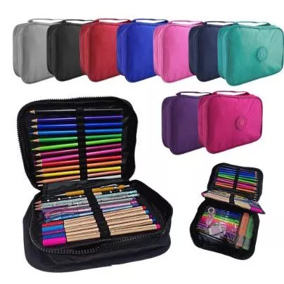 Estojo Box de Nylon Escolar com Alça e 2 Divisórias Organizador de Lápis com Zíper