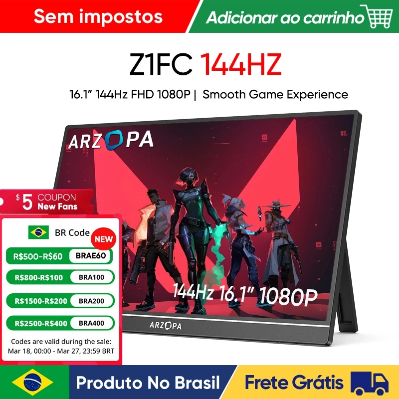 Monitor Portátil de Jogos HDR ARZOPA 16.1'' 144hz 1080P 100% sRGB FHD