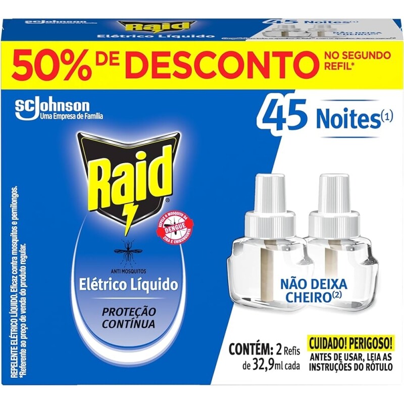 Refil Repelente Elétrico Raid 45 Noites 32,9ml com 2 Unidades