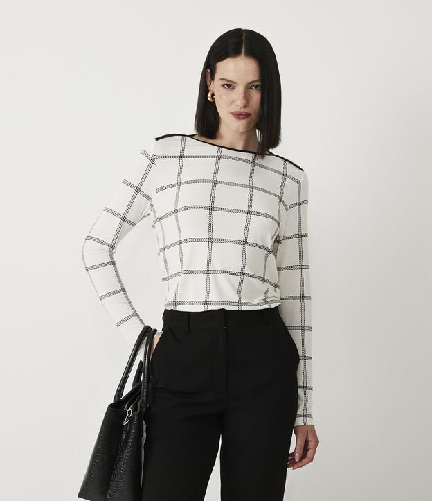 Blusa Em Meia Malha Com Estampa Xadrez Grid - Feminina Tam P