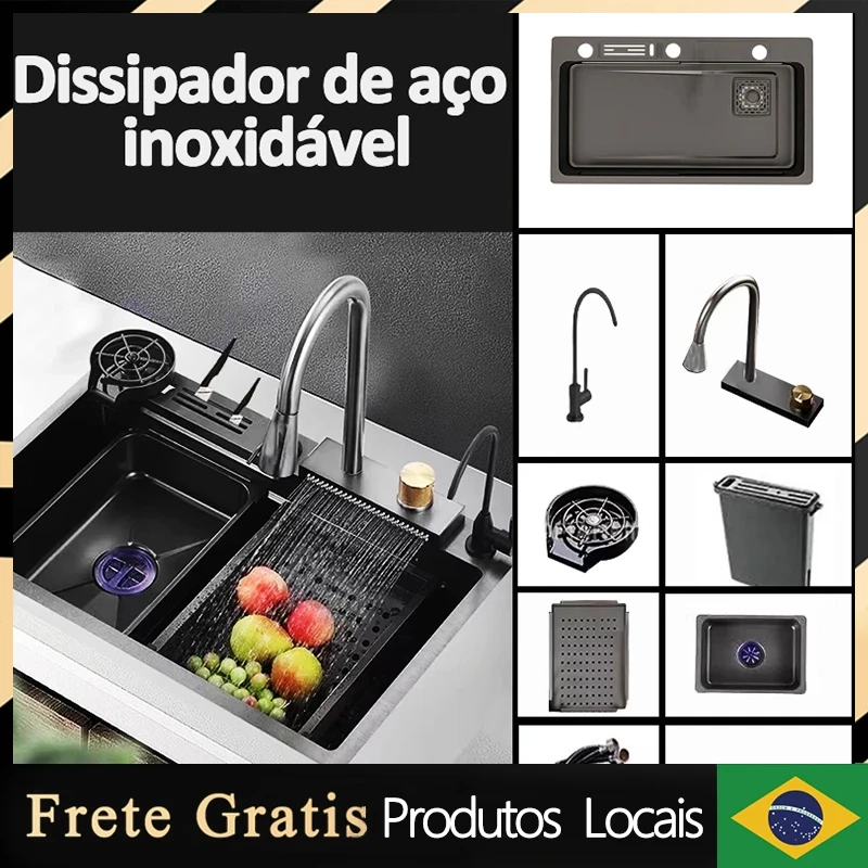 Kit Cozinha Gourmet em Aço Inoxidável Torneira Flexível Preta Cuba 75x45x20 cm