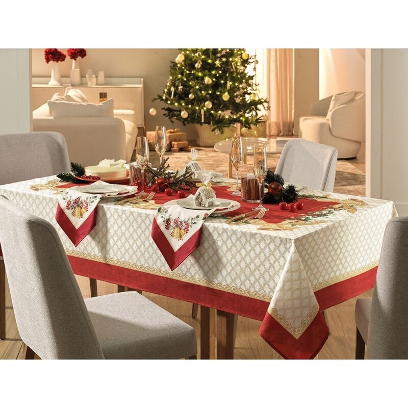 Toalha de Mesa Quadrada Karsten Sinos de Natal com Efeito Ouro 4 Lugares 1,40m x 1,40m