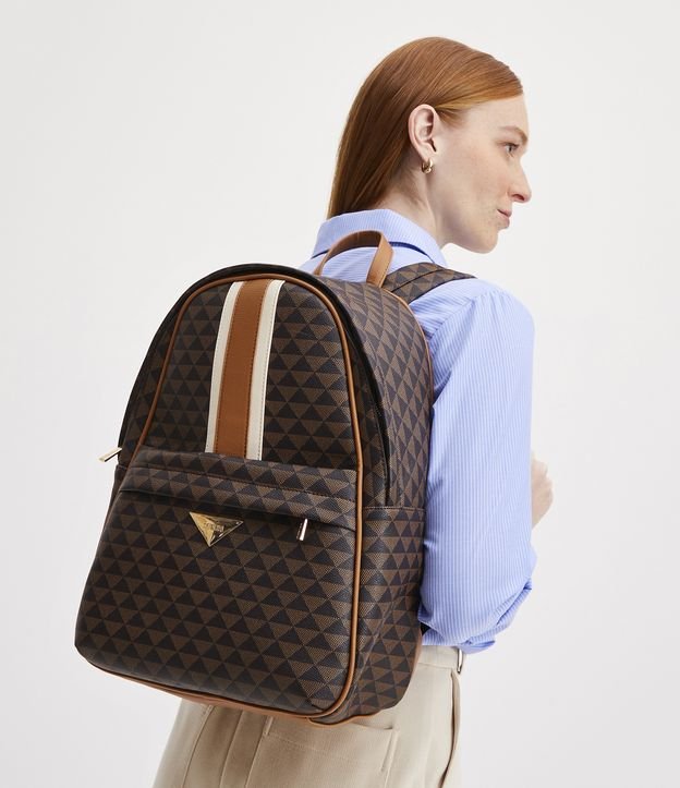 Mochila Grande Estruturada com Estampa de Triângulos e Faixa Frontal