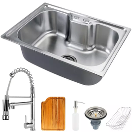 Cuba Para Cozinha Gourmet Pia Aço Inox Com Acessórios E Tábua De Corte Nawa 50Cm + Torneira Gourmet Munim Pingoo.cas