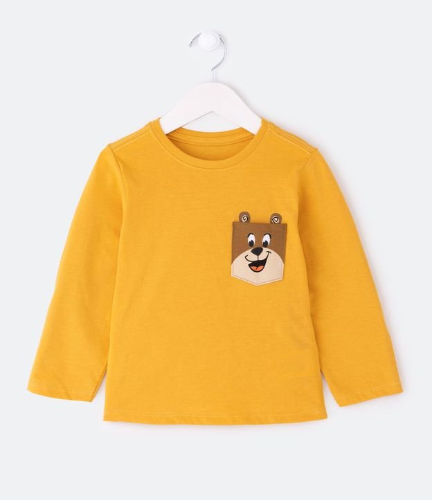 Camiseta Infantil com Bolsinho Estampado Interativo de Ursinho - Tam 1 a 5 Anos