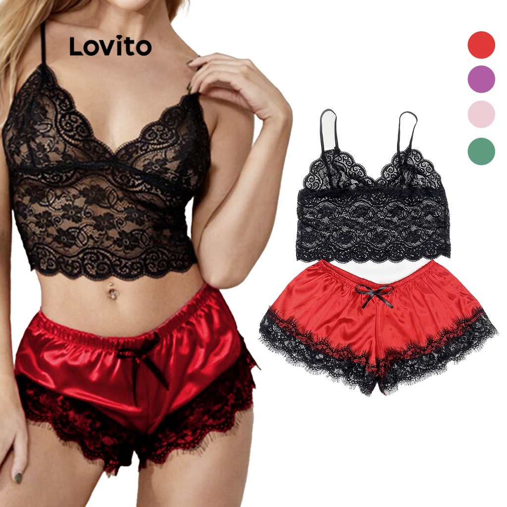 Lovito Conjunto Baby Doll em Renda Slim Fit