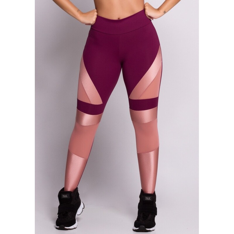 Calça Legging Vinho com Detalhes em Tule Tam P