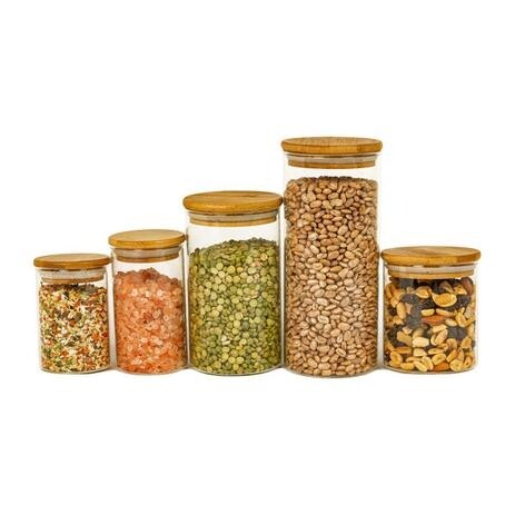 Potes de Vidro P/ Mantimentos C/ Tampa Bambu Oikos - 5 Peças