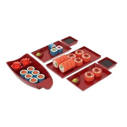 Kit Sushi 6 Peças Com Barca Pratos e Travessa vermelho- Coza