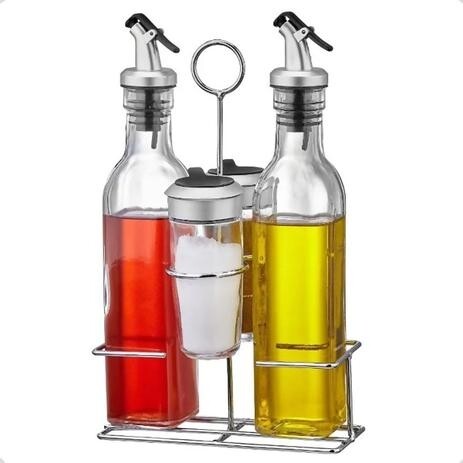 Galheteiro De Vidro E Inox Com 5 Peças Suporte Aramado