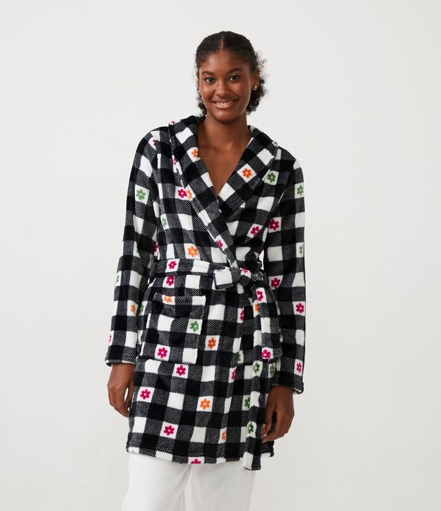 Robe em Fleece com Estampa Xadrez e Flores - Feminino Tam P