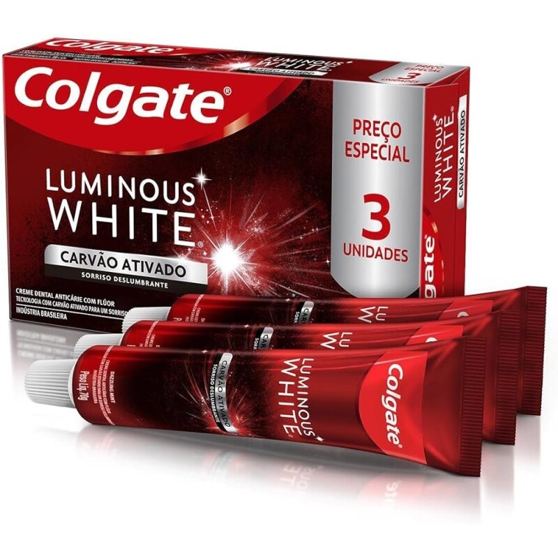 Creme Dental Colgate Clareador Luminous White Carvão Ativado 70G 3 Unidades