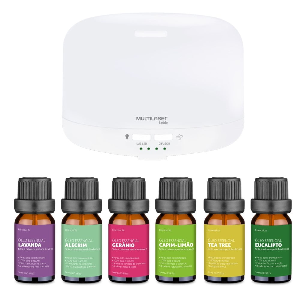 Difusor de Aromas Color Air e Kit Com 6 Óleos Essenciais Saúde - HC217K