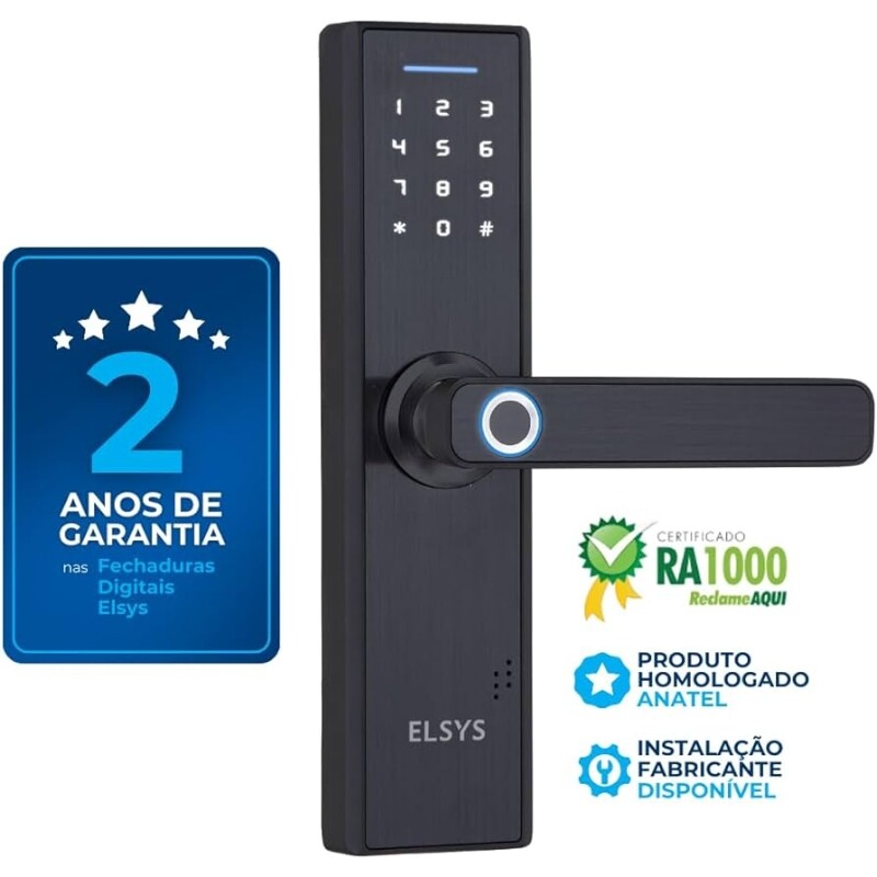 Fechadura Digital de Embutir com Biometria Elsys ESF-DE2000B Preta - Abertura via Biometria e Senha Numérica
