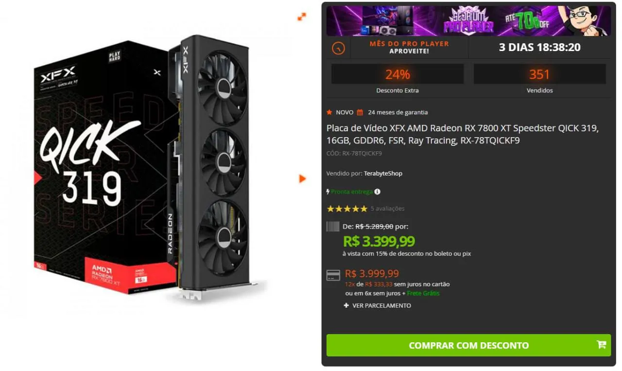 Placa de Vídeo XFX AMD Radeon RX 7800 XT Speedster QICK 319, 16GB, GDDR6