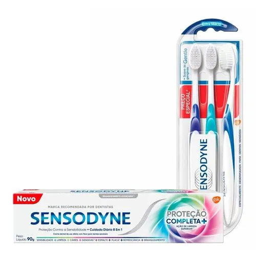 Kit Sensodyne Creme Dental Proteção Completa 90g + Escova Dental Gentle Pack Extra Macia 3 Unidades