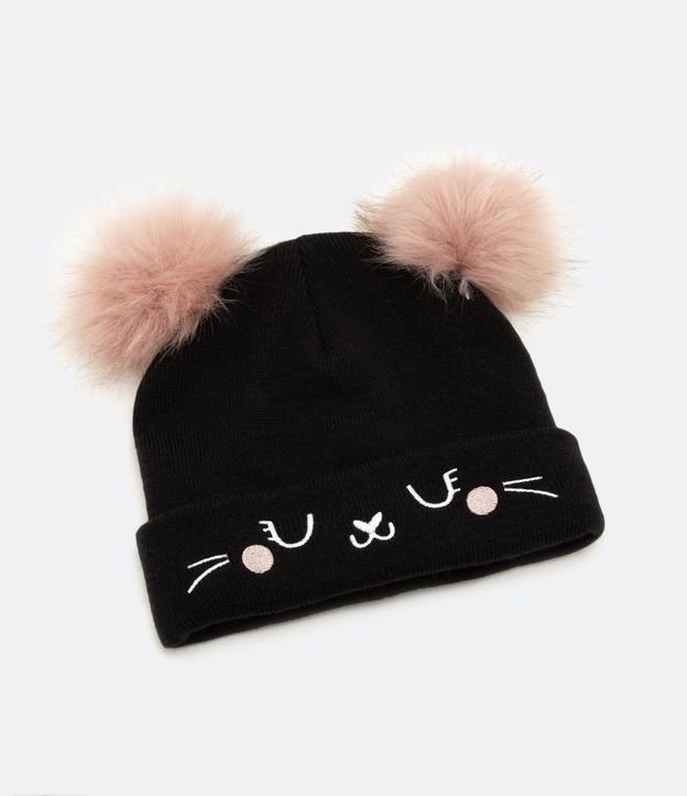 Gorro Infantil com Pompons e Bordado de Gatinho