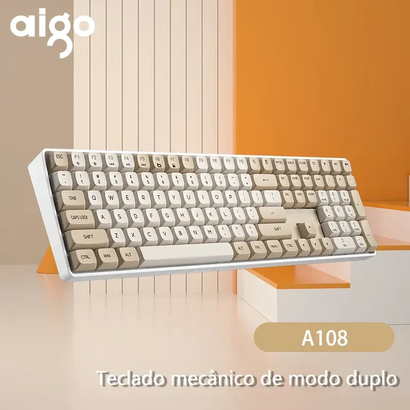 Teclado Mecânico Aigo-A108 - Switch azul - Bluetooth, sem fio e cabo USB-C - Switches cambiáveis