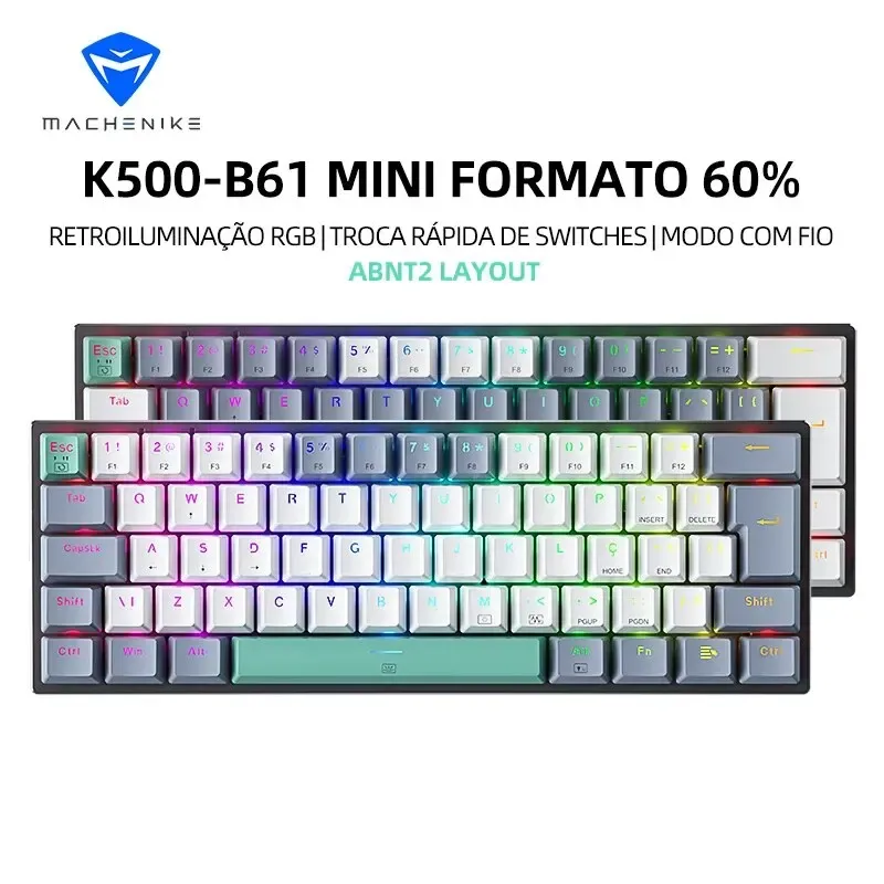 [ Taxa Inclusa ] Teclado Mecânico sem Fio Machenike K500-B61W, ABNT2 Layout RGB Backlight Hot-swappable NKRO Wired Gaming