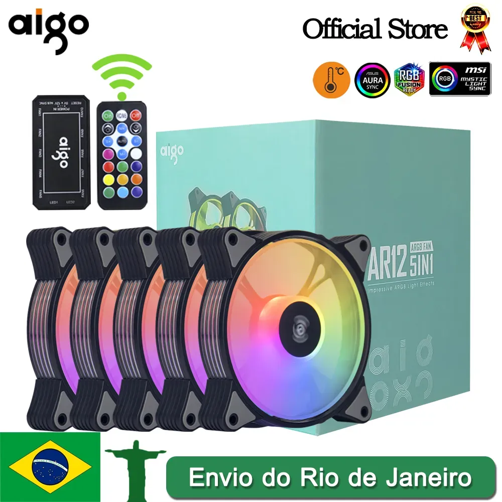 [Taxa Inclusa/Moedas] Kit 5 Fans Aigo AR12 ARGB + Controladora e Controle Remoto