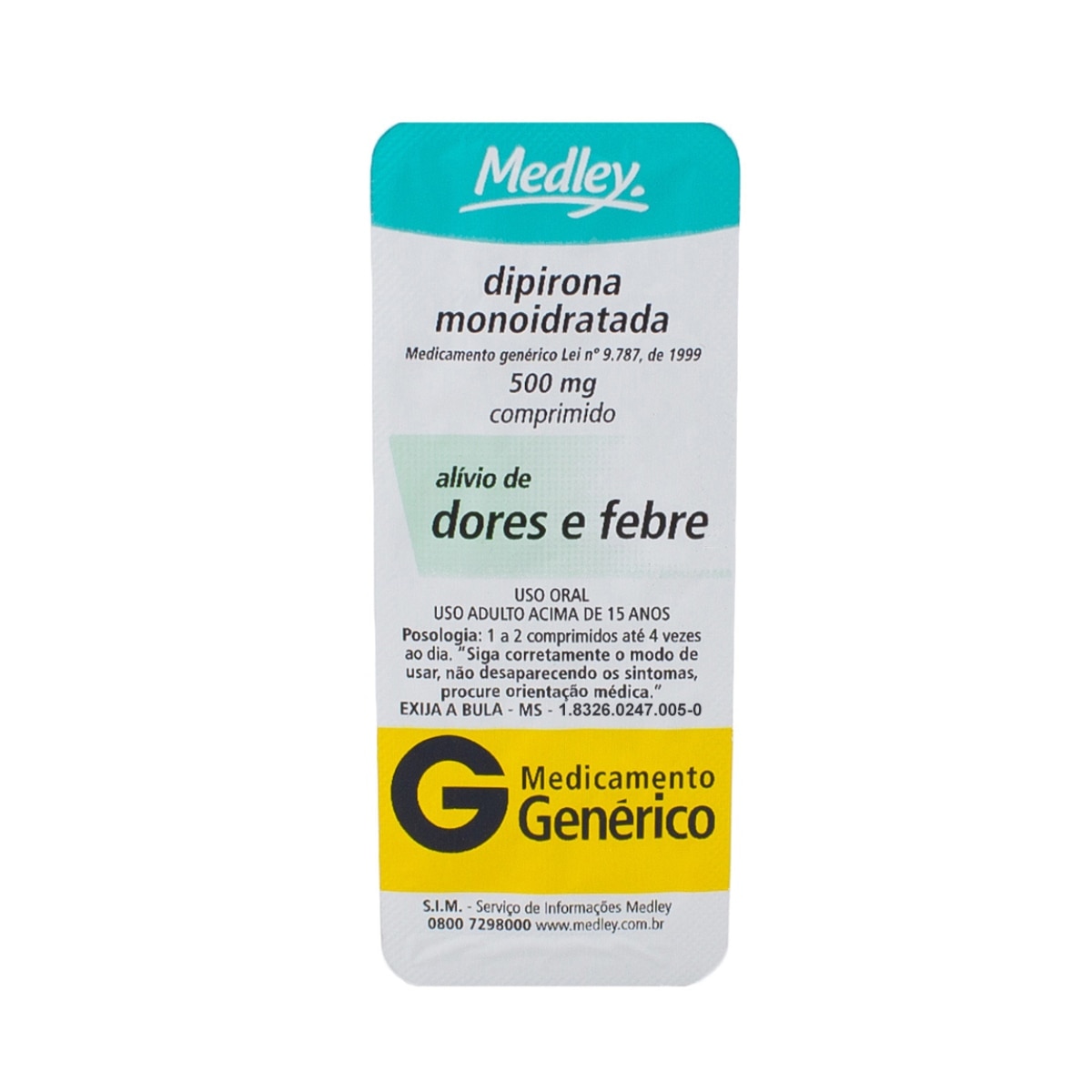 Dipirona 500mg 10 Comprimidos Medley Generico