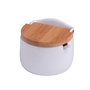 Saleiro de Mesa em Cerâmica com Tampa de Bambu e Colher Branco 10cm Saleiro de Mesa em Cerâmica com Tampa de Madeira e Colher Branco 10cm