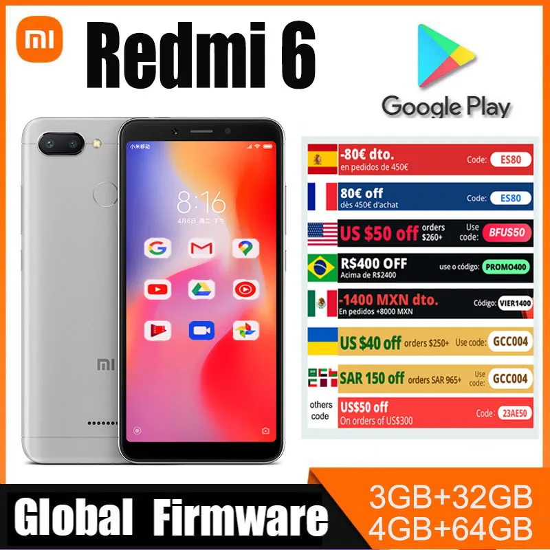 [Imposto incluso] Xiaomi Smartphone Redmi 6, Celular Google Play, Tela Cheia 5.45