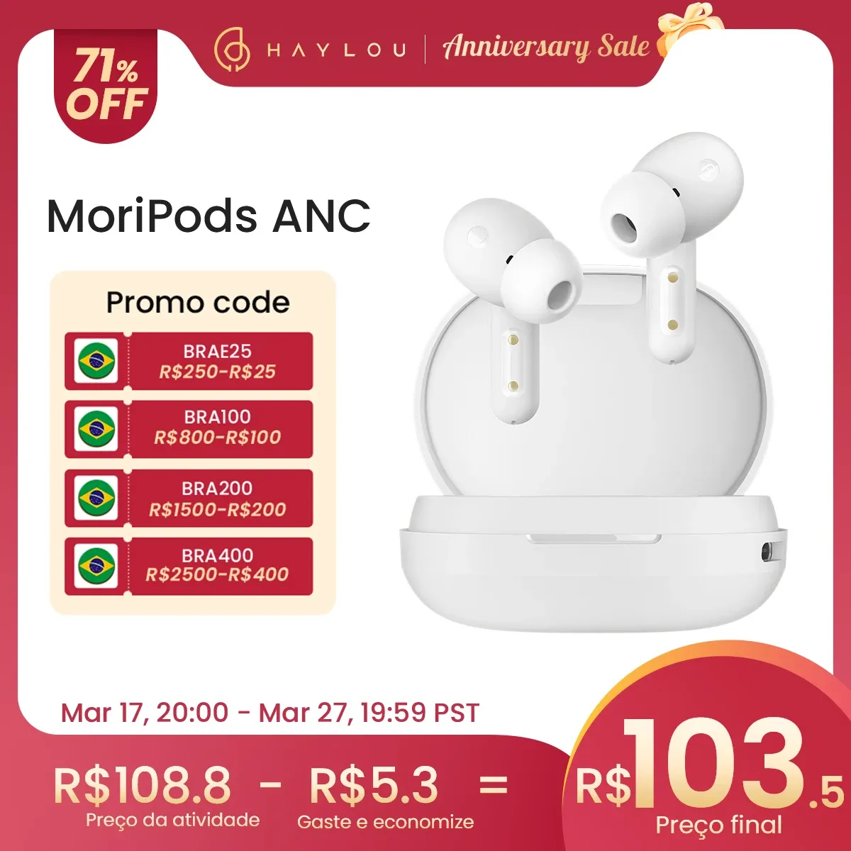 TAXA INCLUSA -Fone de Ouvido Haylou Moripods Anc V5.2 Tws Bluetooth Fones De Ouvido Sem Fio