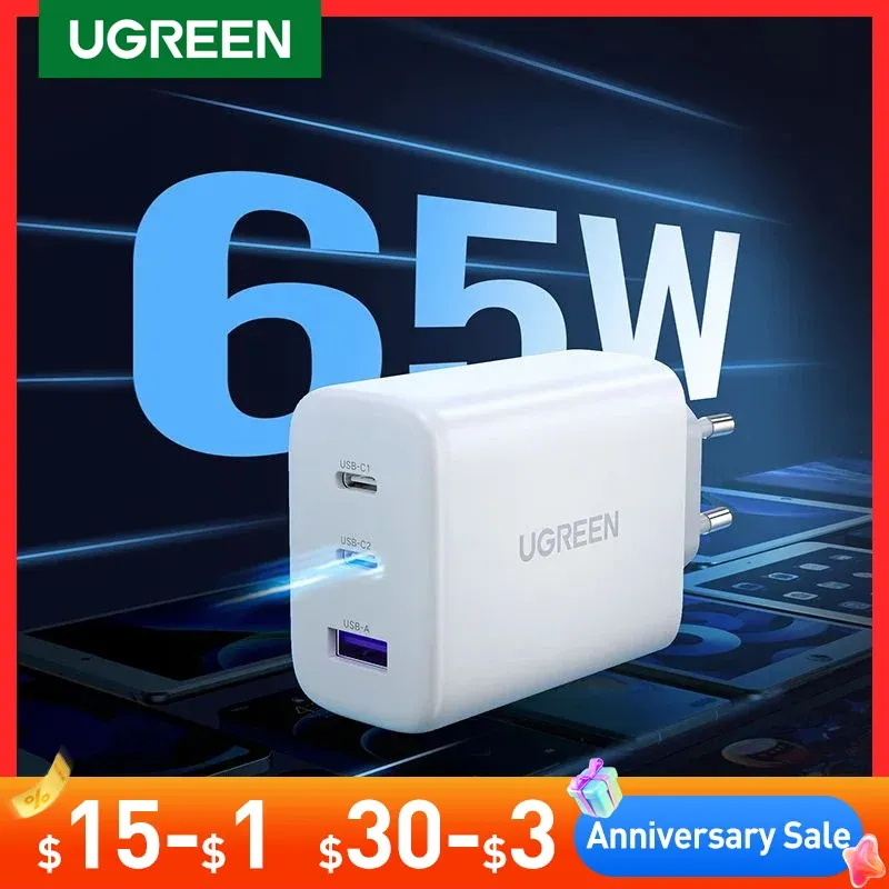 [Taxa inclusa/moedas] Carregador Rápido Ugreen 65W com 3 saídas, 2 USB C e 1 USB - Carga rápida QC 4.0, PD 3.0