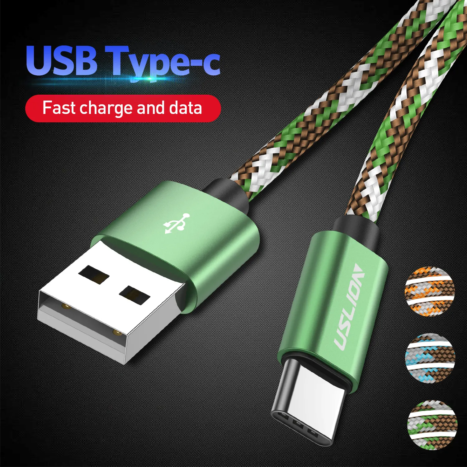 Cabo USB Trançado de Nylon Tipo C, 2.4A Sync Data, Carregador de Celular, Cabo