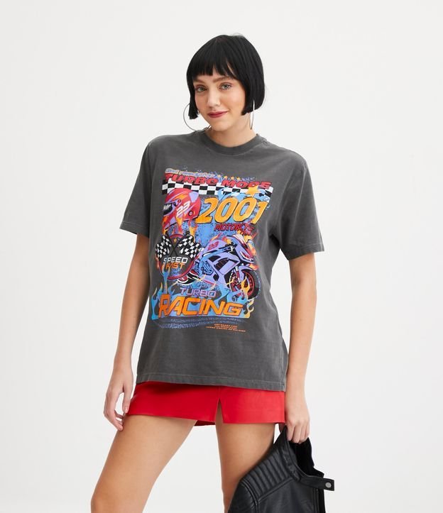 Camiseta em Meia Malha com Estampa de Corrida de Moto