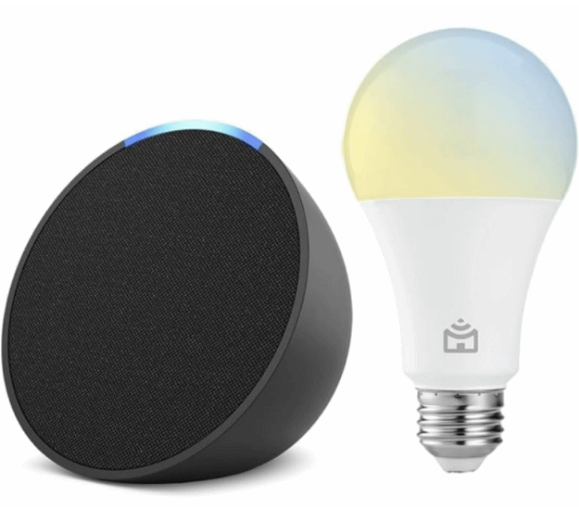 Echo Pop | Smart speaker compacto com som envolvente e Alexa | Cor Branca + Lâmpada Positivo 9W