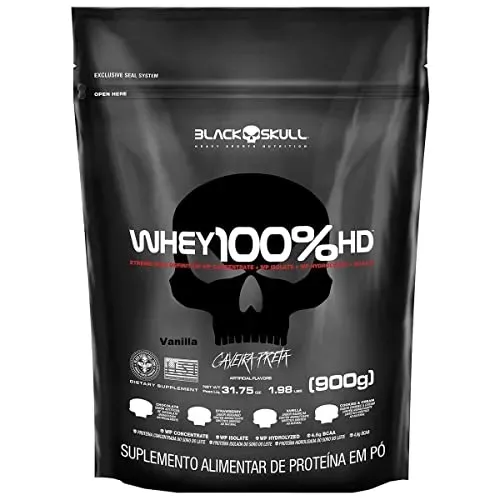 Saindo por R$ 73,9: Whey 100% Hd - 900G Refil Baunilha, Black Skull | Pelando