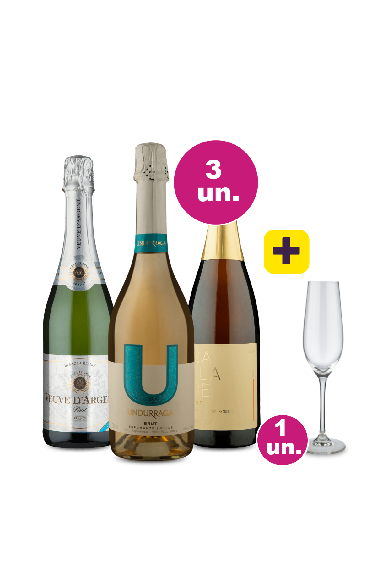 Kit 3 Espumantes Brut Campeões + Taça Cristal Espumante