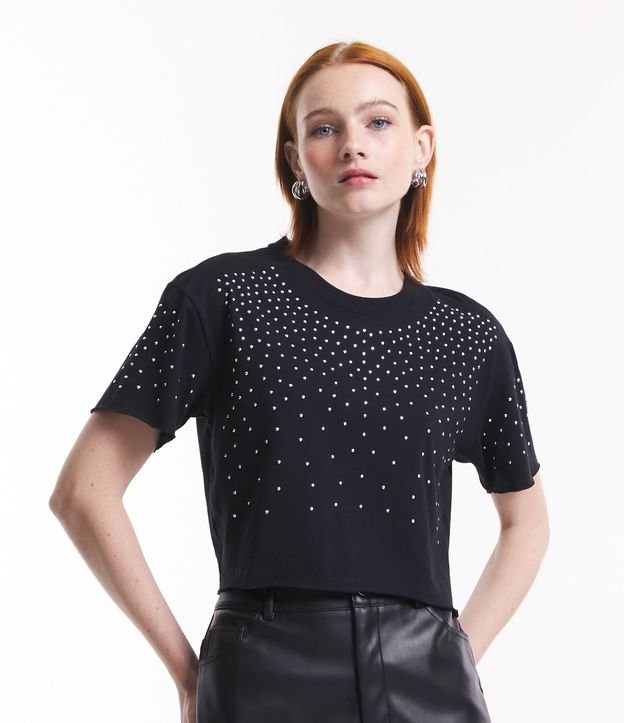 Blusa Cropped em Meia Malha com Brilhos Aplicados