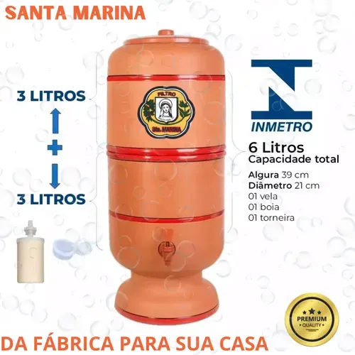 Filtro de Barro Tradicional 6 Litros para Água - Santa Marina - Elimina bactérias, Retira gostos e odores, Retém partículas