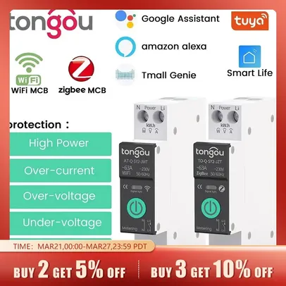 Tuya Disjuntor Inteligente, Wi Fi, ZigBee, Medição de Energia 1-63A