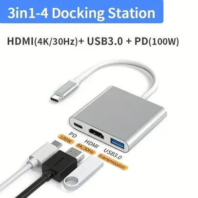 Hub Usb Tipo C 3 em 1 com HDMI 4K/30hz + USB 3.0 + PD Carregamento até 100W
