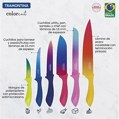 Jogo de Facas Tramontina Colorcut com Lâminas em Aço Inox e Cabos de Polipropileno Pintado 06 Peças