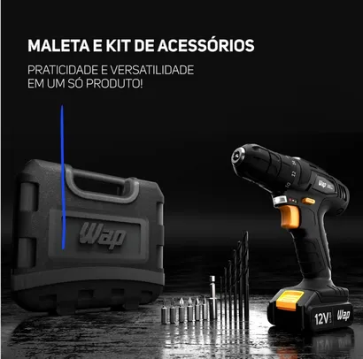 Furadeira e Parafusadeira a Bateria Preta 12V 3/8" Reversível FW009424 - Wap + kit