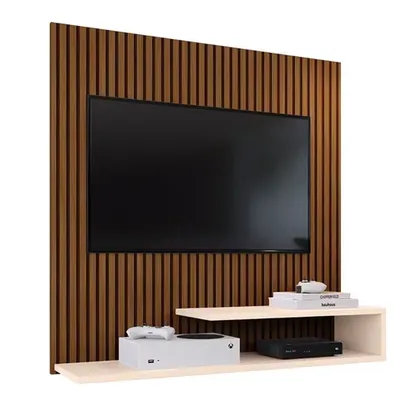 Estante Painel Parede Smart New TV 32 Polegadas Prateleiras Decorativas Sala Quarto Pequeno Retrô – Ripado Off White