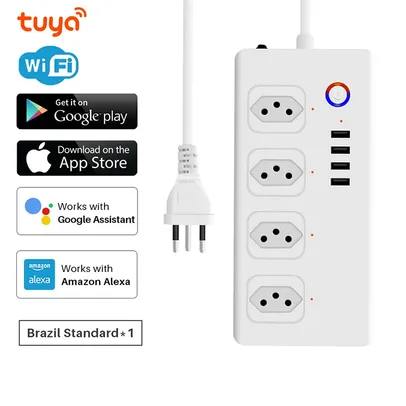 [Taxas Inclusas/Moedas] Filtro de Linha Inteligente Versão Wi-Fi com 4 Tomadas e 4 Portas USB Tuya