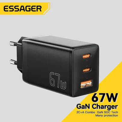 [Taxa inclusa] Carregador rápido Essager GaN 67W com 3 saídas - 2 USB C e 1 USB A