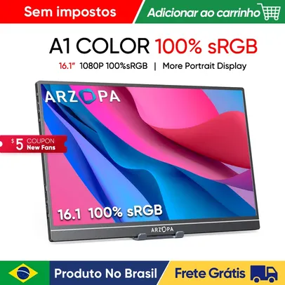 Saindo por R$ 470: [No Brasil/Moedas] Monitor Portátil ARZOPA A1 Color 16.1 - IPS Full HD, 100% sRGB, Design Slim, USB C ou HDMI | Pelando
