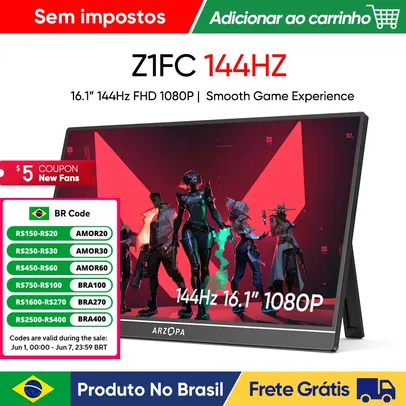 [No Brasil/Moedas] Monitor de Jogos Portátil Display ARZOPA 16.1 polegada 100% sRGB 144Hz