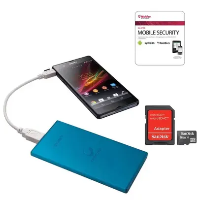 Saindo por R$ 99,98: Kit Carregador Portátil Sony 5000mah Azul + Cartão de Memória Sandisk 16GB + Antivirus Mobile Security McAffe | Pelando