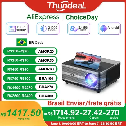 [Armazém BR] Projetor ThundeaL TD98W 1920x1080p, com Android e Espelhamento de Tela, Wi-Fi, roda 4k